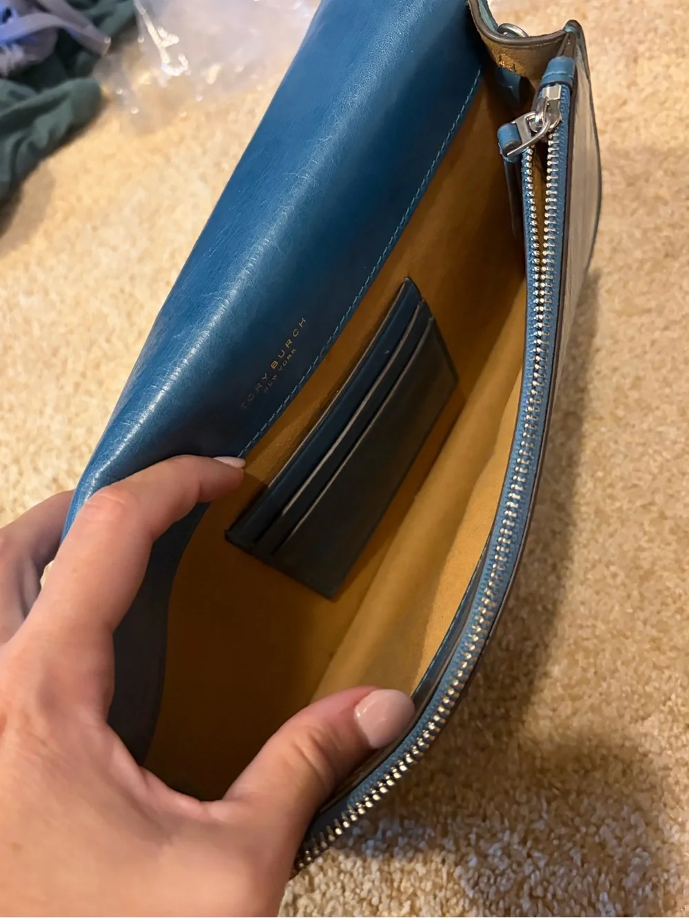 Tory Burch Teal-Blue Leather Logo Clutch